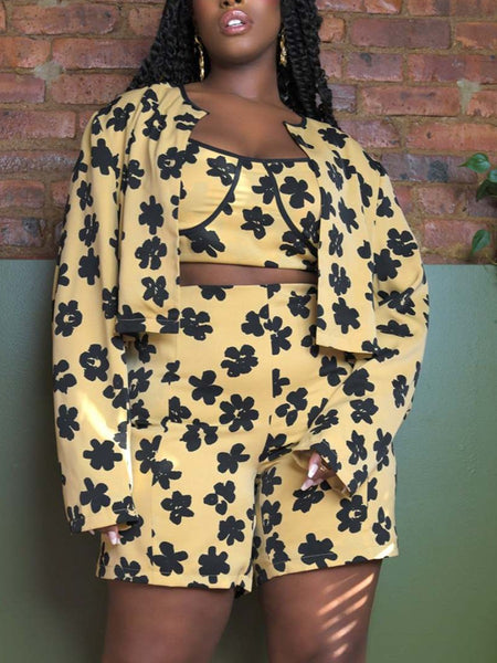 Plus Size Pattern Print Floral Skinny Two-piece Shorts Set BO50116 Furdela
