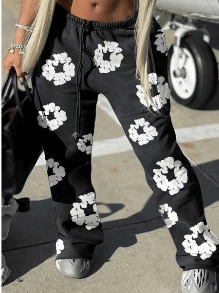 Mid Waist Floral Decor Drawstring Sweatpants AT9013