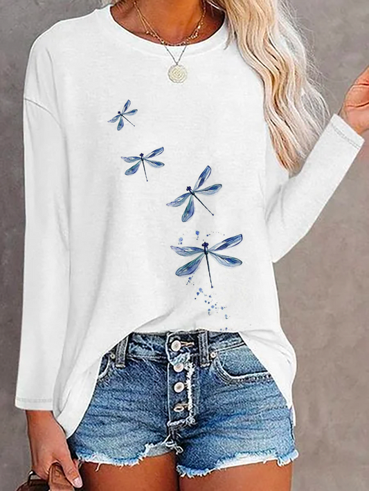 Dragonfly Printed Crew Neck Long Sleeve T-Shirt  QH111