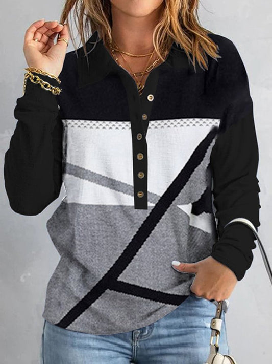 Color Block Casual Loose Shawl Collar Top OU38