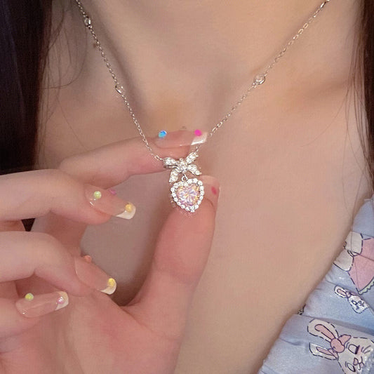 Pink Bowknot Heart Necklace