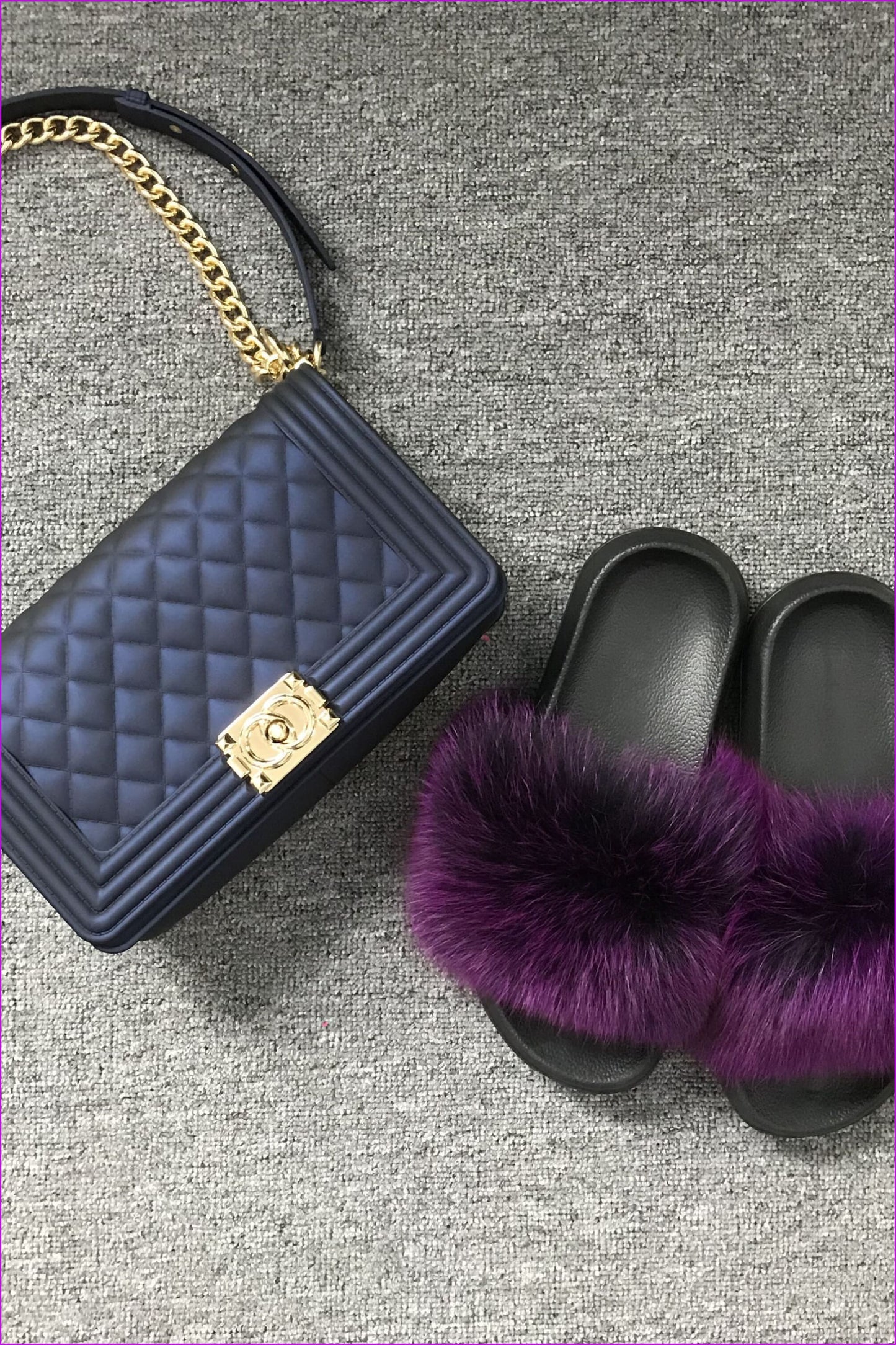 Dark Blue Jelly Shoulder Bag And Slides Set - Furdela