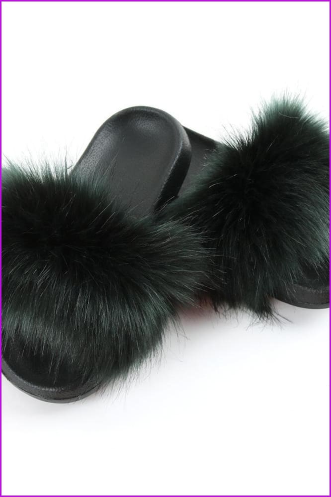 Dark Green Faux Fake Big Fur Slides F152 - Furdela