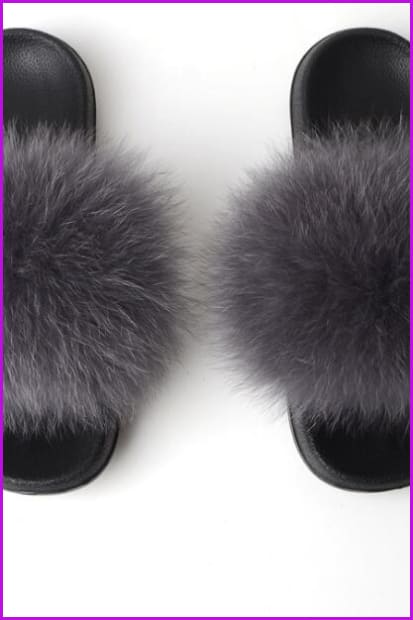 Dark Grey Fox Full-Pelt Fur Sliders DF003 - Furdela Wholesale
