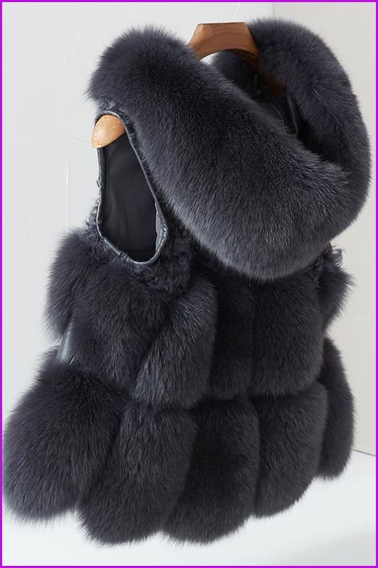 Dark Grey Fox Fur with Lamp Fur Hooded Gilet 55CM DO1500 - Furdela