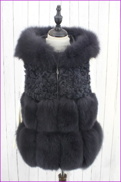 Dark Grey Fox Fur with Lamp Fur Hooded Gilet 55CM DO1500 - Furdela