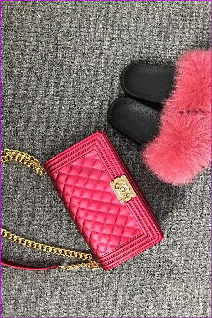 Dark Pink Jelly Shoulder Bag And Slides Set - Furdela