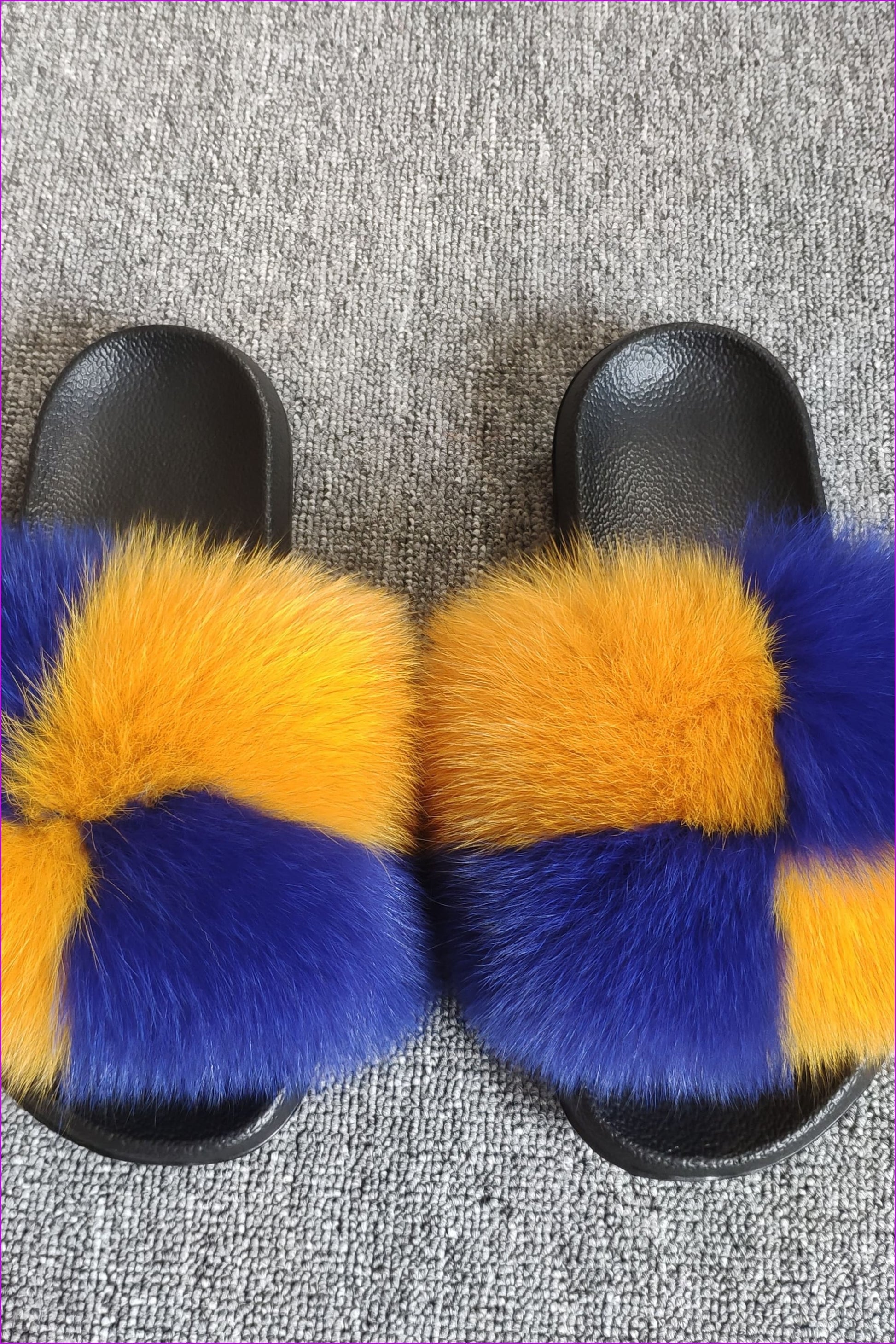 Dark Yellow And Royal Blue #1 Fox Full-Pelt Fur Sliders DF003 - Furdela