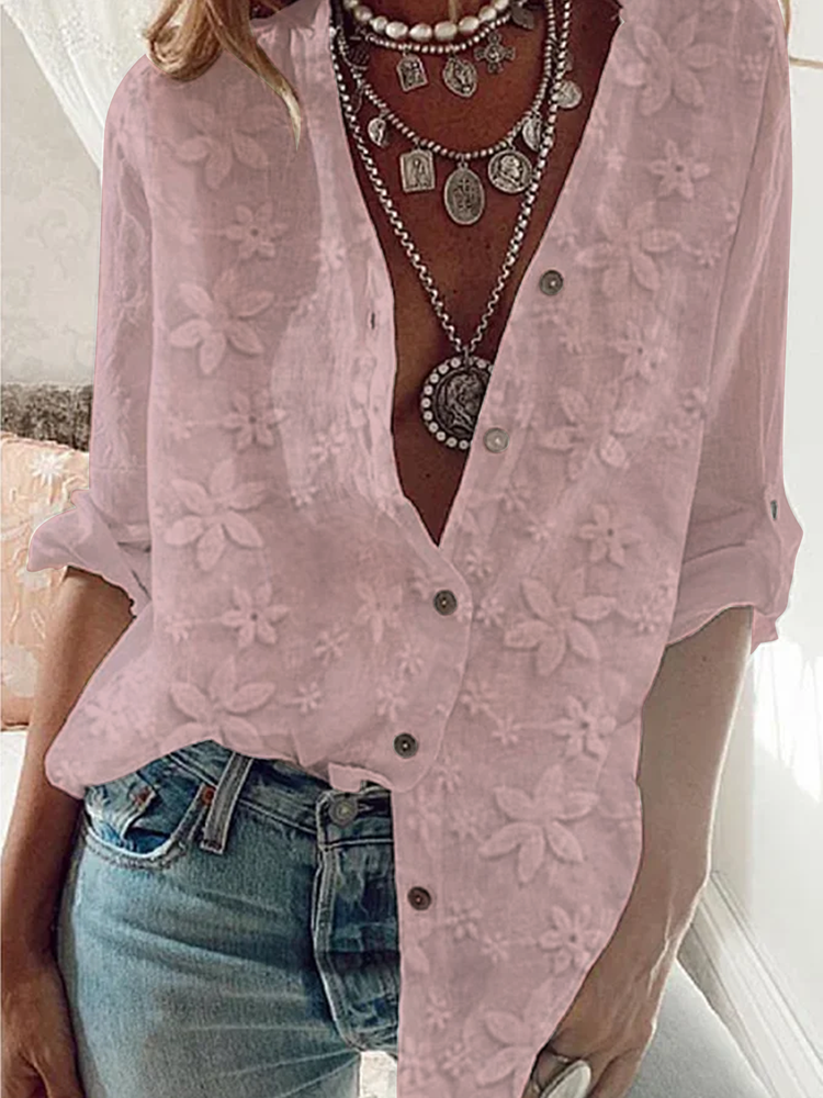 Women&#x27;s Lace Stitching Cotton Linen Long Sleeve Shirt  mm299