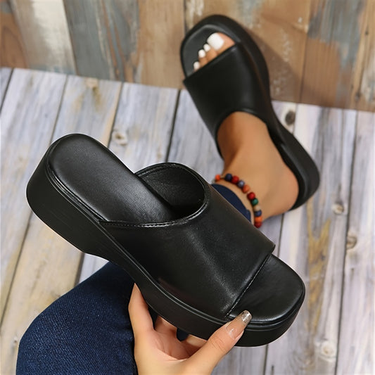 Women's Platform Wedge Slides, Black Square Open Toe Non Slip Slippers, Fashion Outdoor Slides SE1046