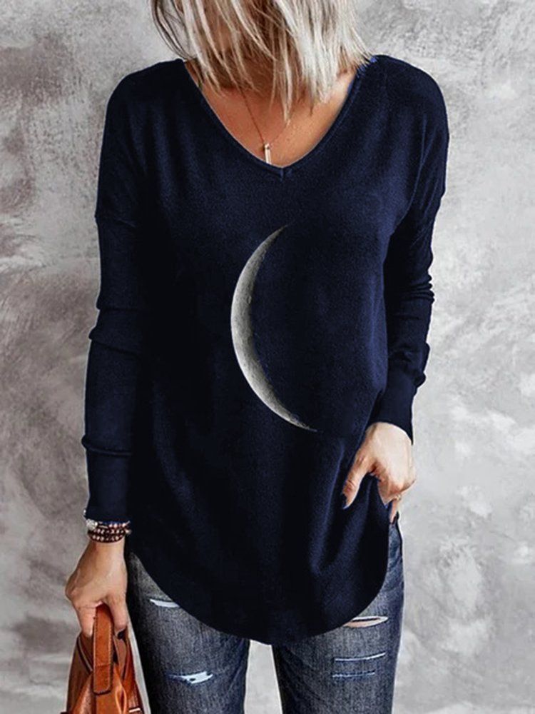 Moon Printed V Neck Casual Long Sleeve Shift Top  QH117