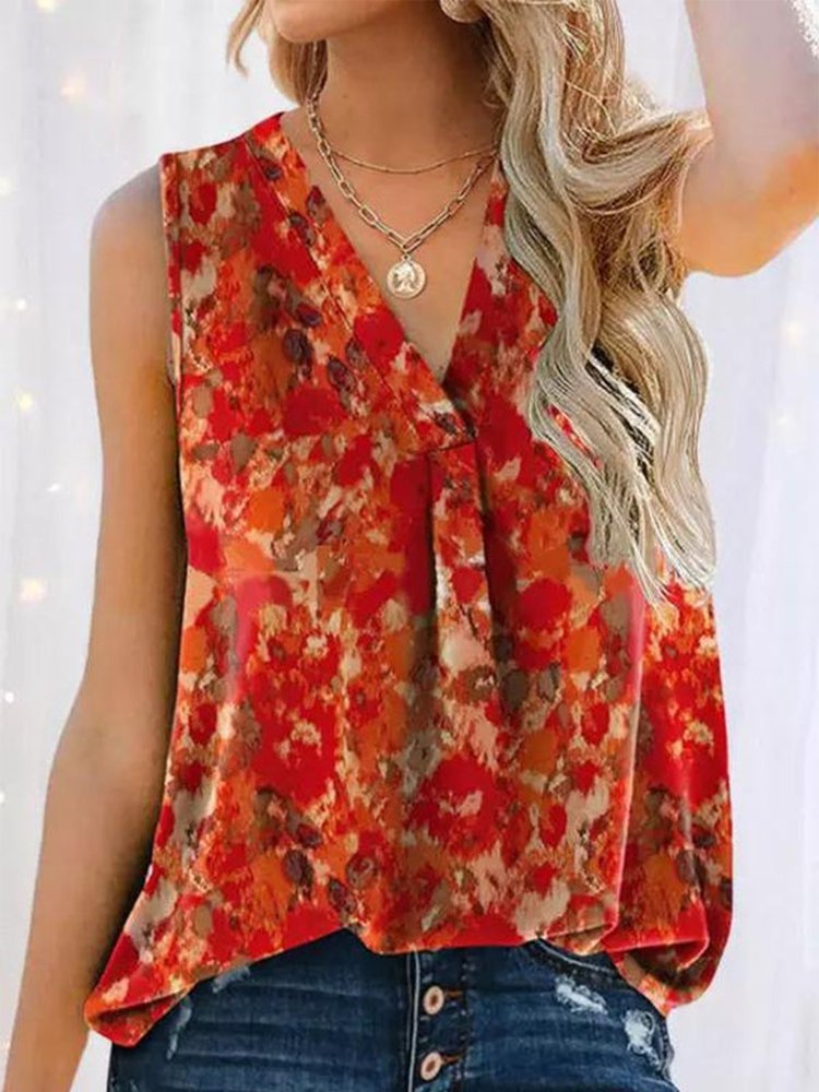 Bright Red Print Sleeveless Tank Top  WU106