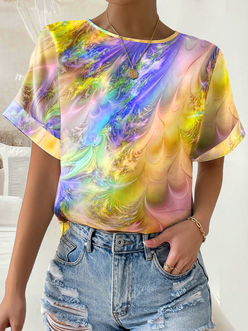 Crew Neck Abstract Loose Casual T-Shirt QAL2