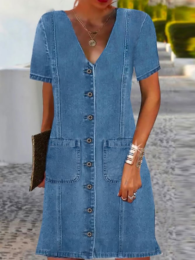 Buttoned Denim Blue V Neck Casual Loose Plain Dress  QM81