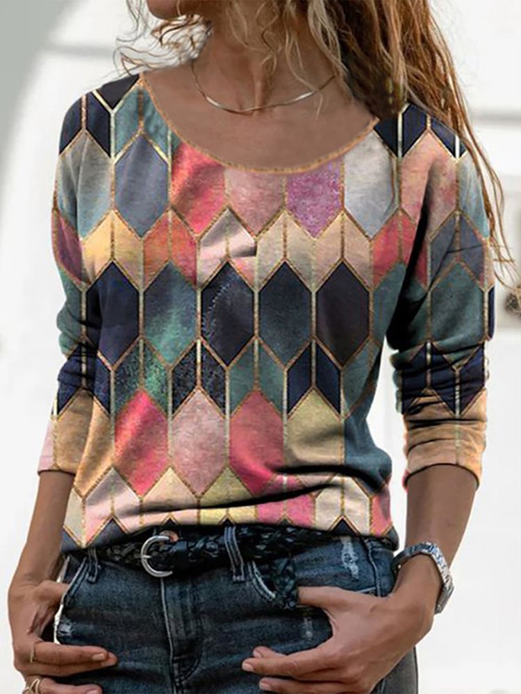 Casual Geometric Printed Long Sleeves Top  QH91