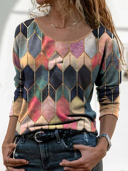 Casual Geometric Printed Long Sleeves Top  QH91