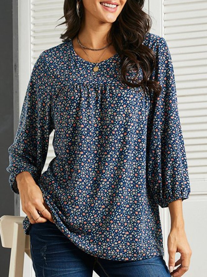 Crew Neck Casual Floral Ruched Top QMN52