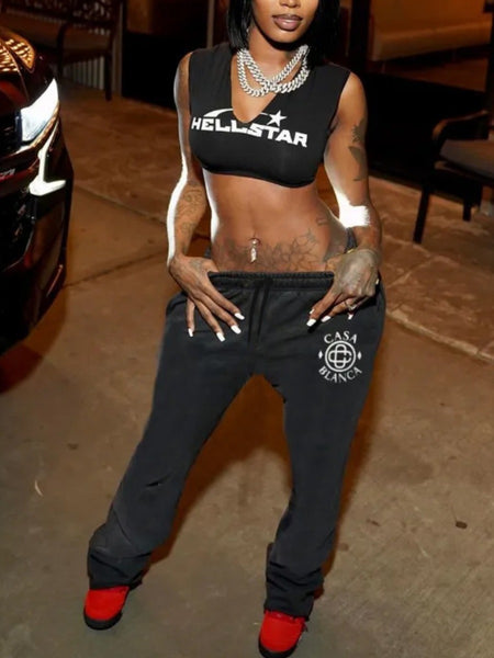 Letter Print Drawstring Sweatpants AT8037