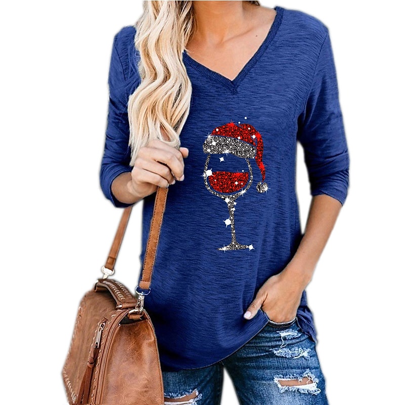 Women's T shirt Tee ArmyGreen Black Blue Dandelion Wine Glass Print Long Sleeve Christmas Casual Basic Christmas V Neck Regular S PC111