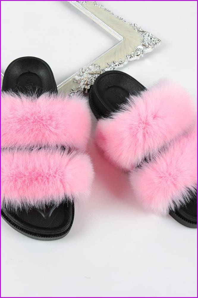 Double Belt Faux Fur Slides F988 - Furdela