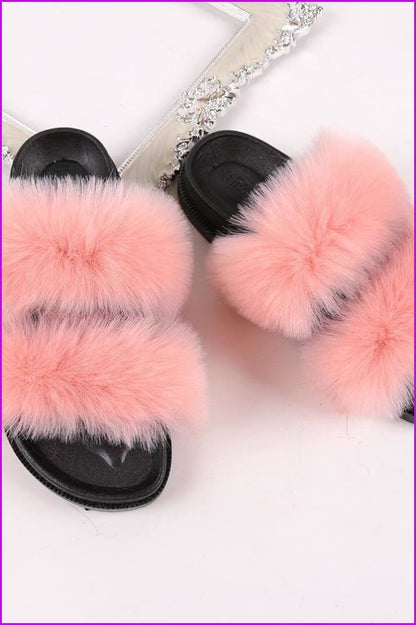 Double Belt Faux Fur Slides F988 - Furdela