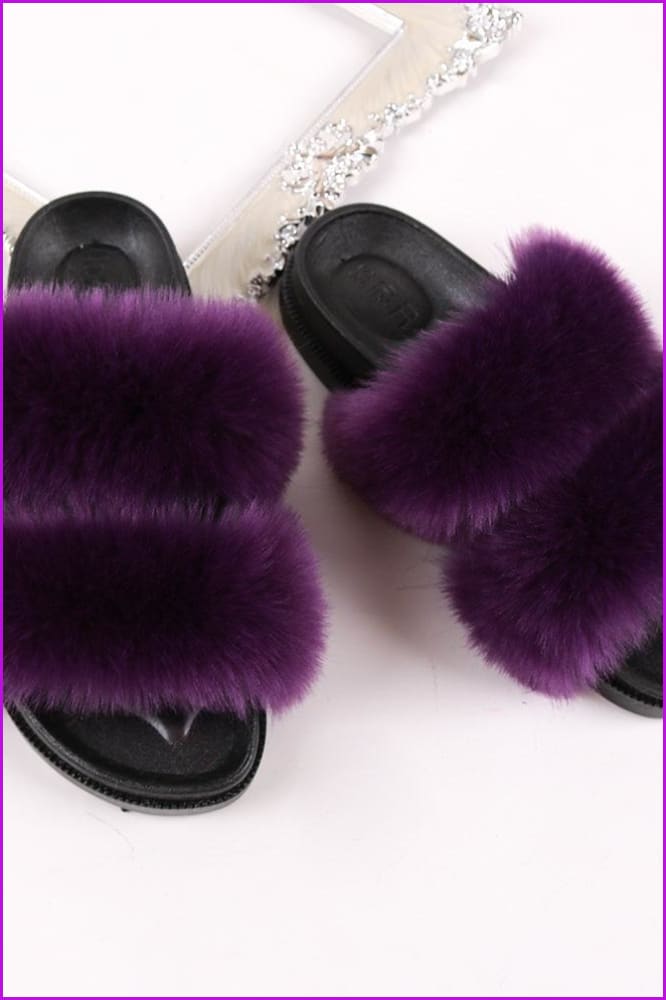 Double Belt Faux Fur Slides F988 - Furdela