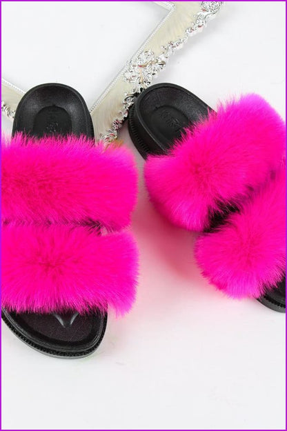 Double Belt Faux Fur Slides F988 - Furdela