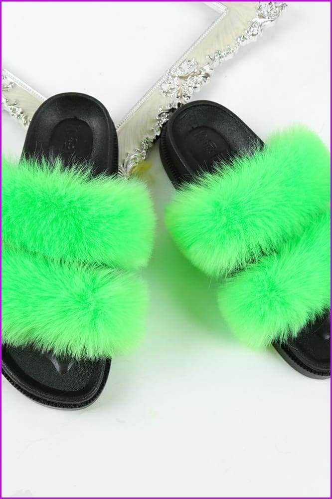 Double Belt Faux Fur Slides F988 - Furdela