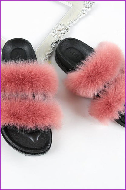 Double Belt Faux Fur Slides F988 - Furdela