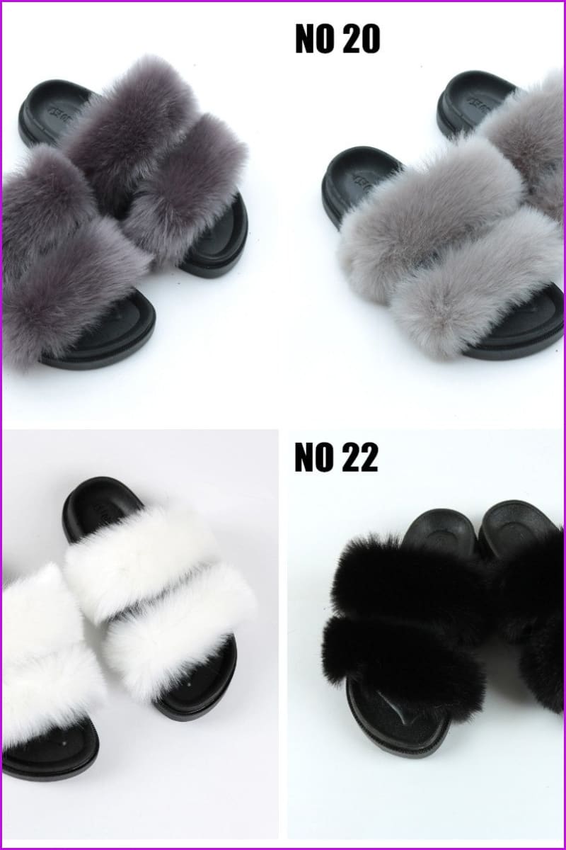 Double Belt Faux Fur Slides F988 - Furdela