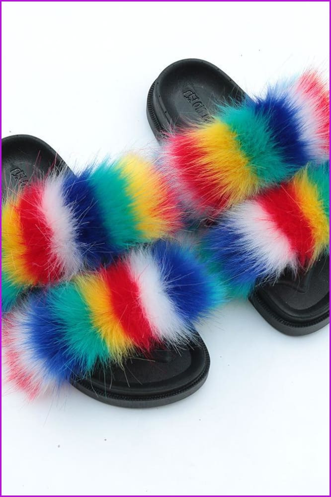 Double Belt Faux Fur Slides F989 - Furdela