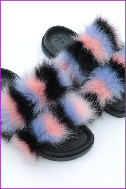 Double Belt Faux Fur Slides F989 - Furdela