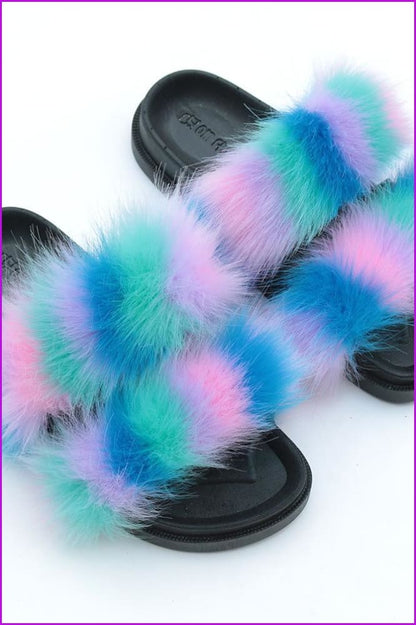 Double Belt Faux Fur Slides F989 - Furdela