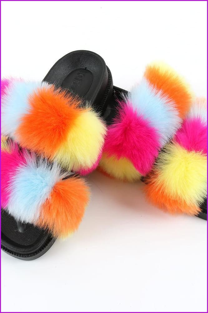 Double Belt Faux Fur Slides F989 - Furdela