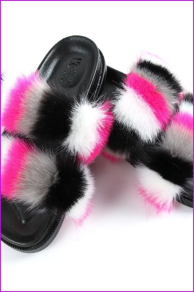 Double Belt Faux Fur Slides F989 - Furdela