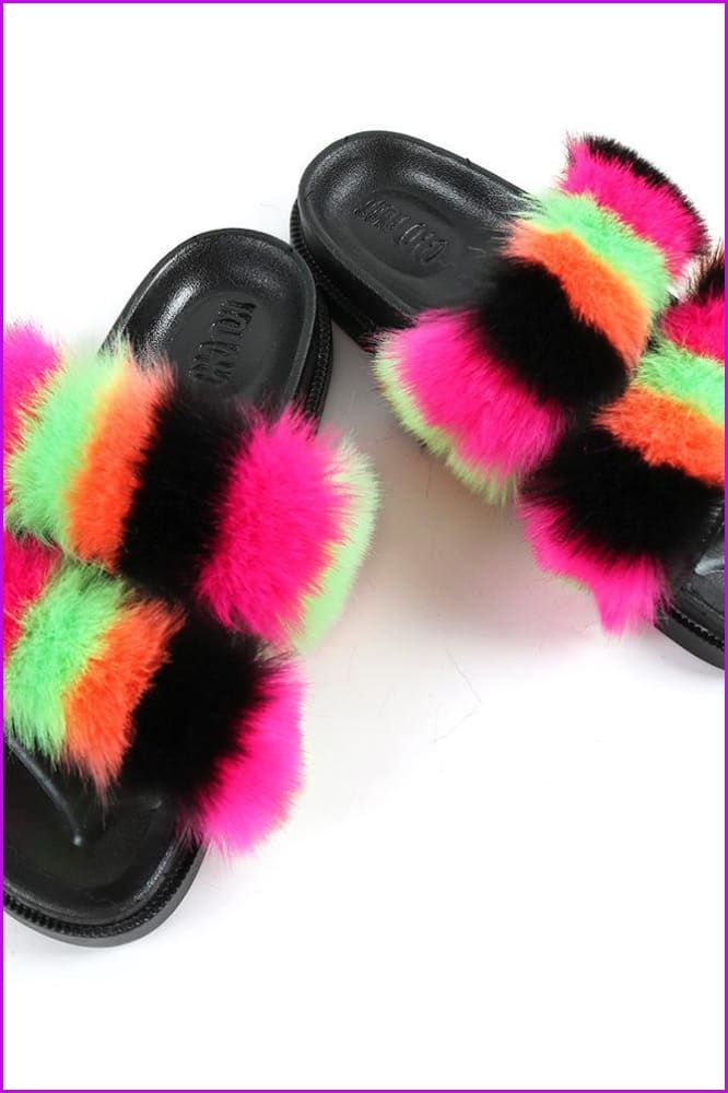 Double Belt Faux Fur Slides F989 - Furdela