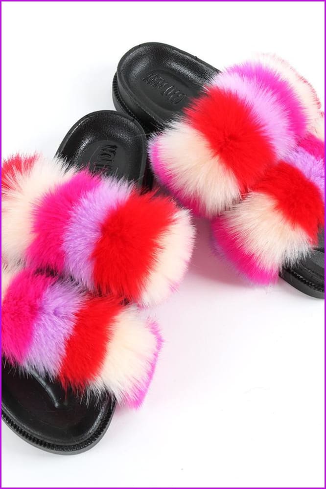 Double Belt Faux Fur Slides F989 - Furdela