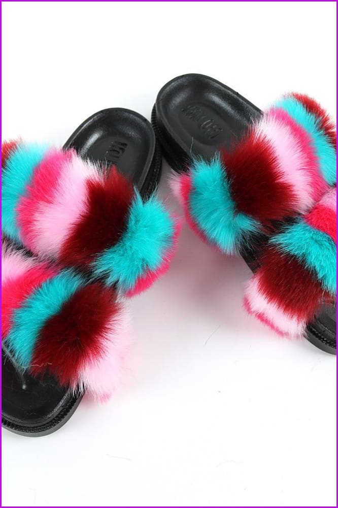 Double Belt Faux Fur Slides F989 - Furdela