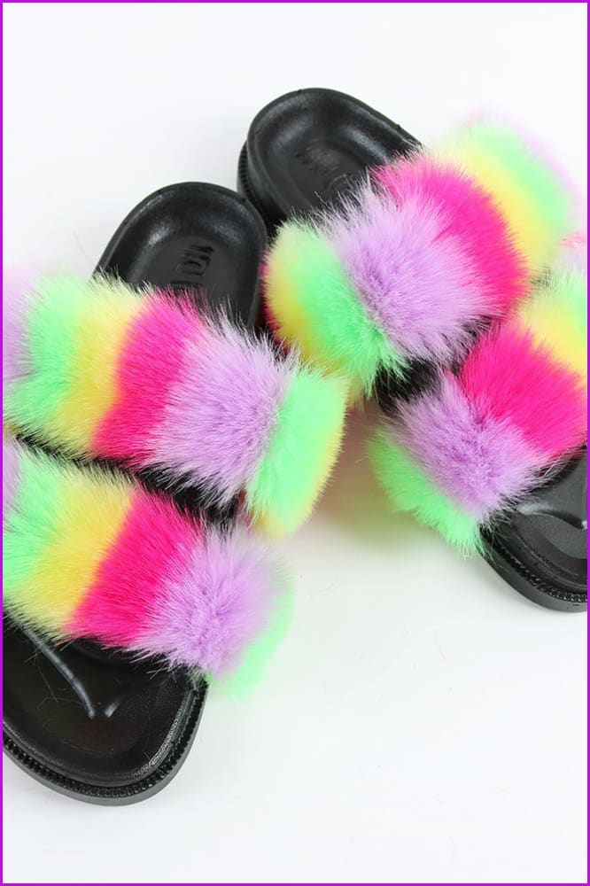 Double Belt Faux Fur Slides F989 - Furdela