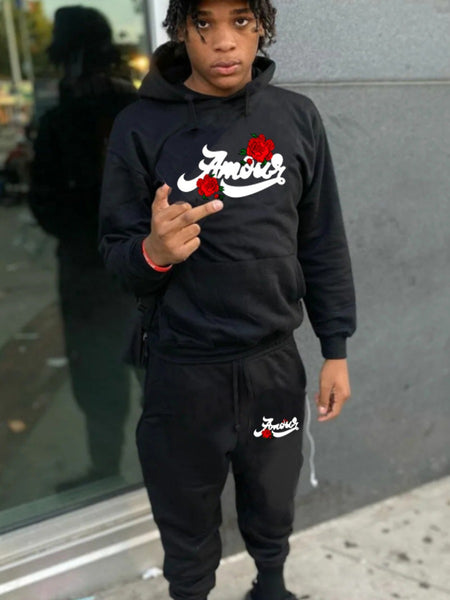 Men Rose Flower Letter Print Kangaroo Pocket Tracksuit Set AR50102