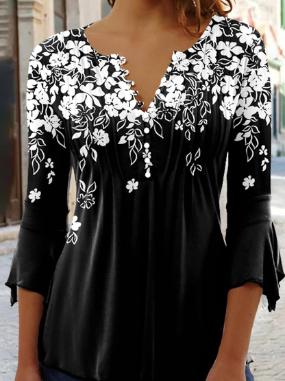 V Neck Casual Loose Floral Top QAD31