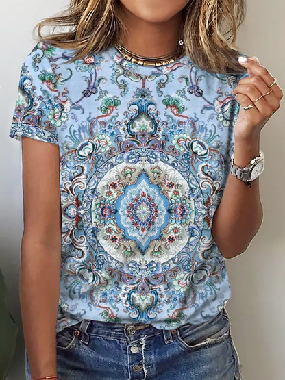 Women Crew Neck Boho Loose Ethnic T-Shirt AT1005