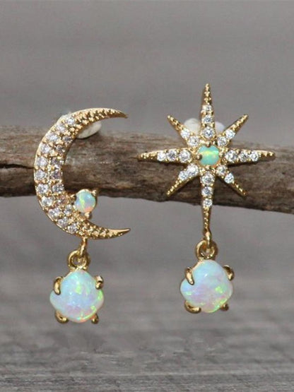 Vintage Diamond Star Moon Shaped Opal Moonstone Earrings Beach Vacation Wind Ethnic Jewelry MMi37