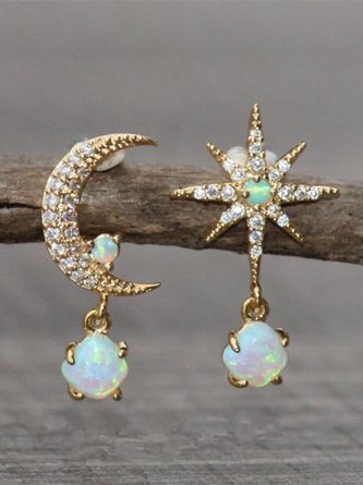 Vintage Diamond Star Moon Shaped Opal Moonstone Earrings Beach Vacation Wind Ethnic Jewelry MMi37