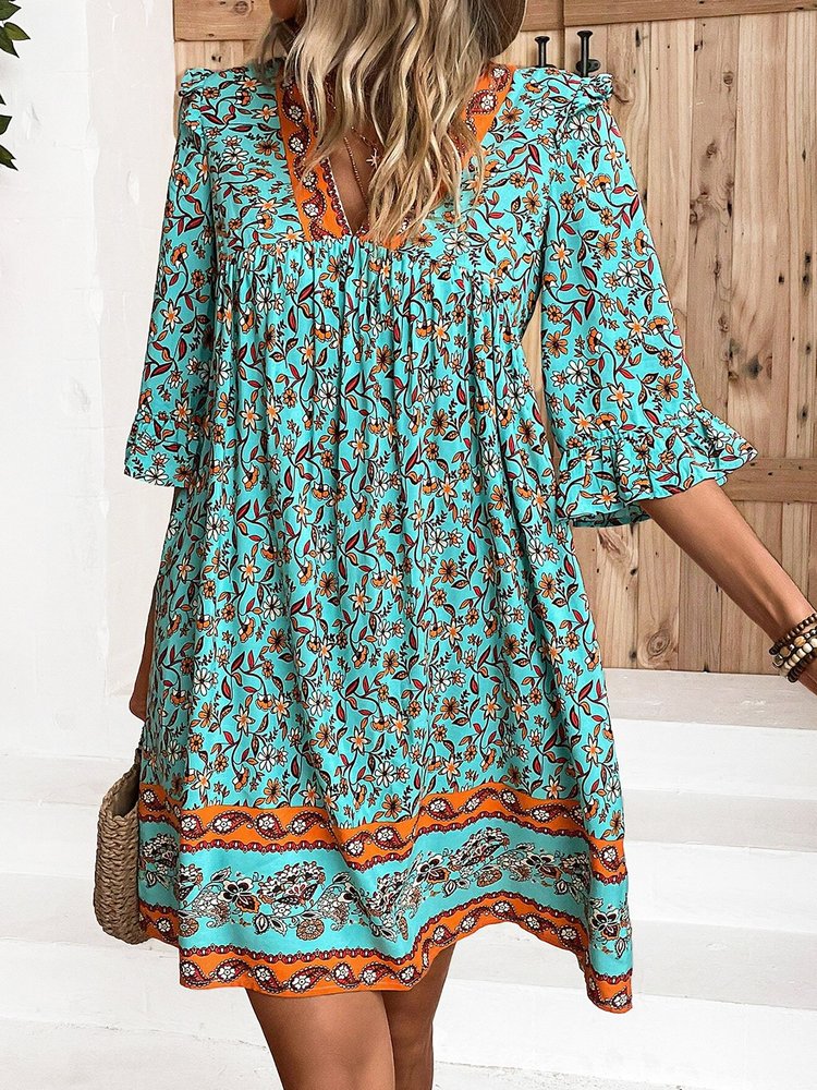 Floral Vacation V Neck Loose Dress  QM120