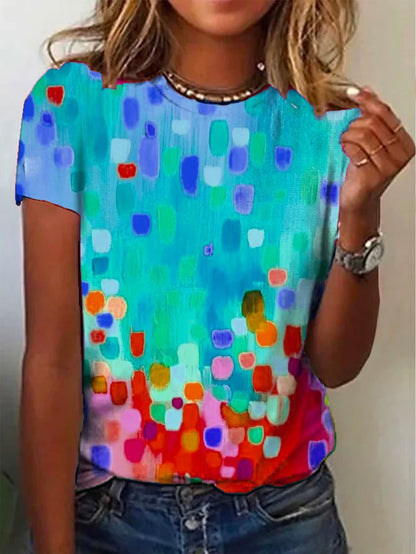 Crew Neck Casual Ombre Loose Rainbow Dot Short Sleeve T-Shirt  cc193