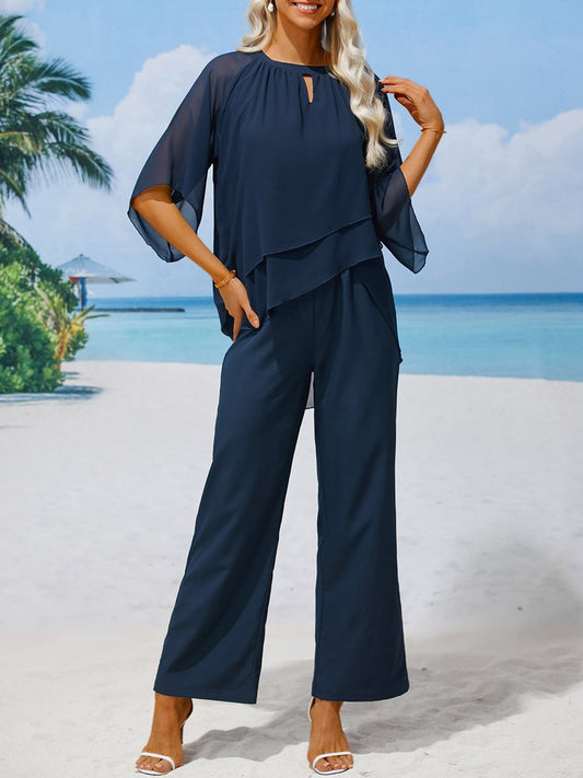 Plain Elegant Crew Neck Loose Urban Two-Piece Set  QF83