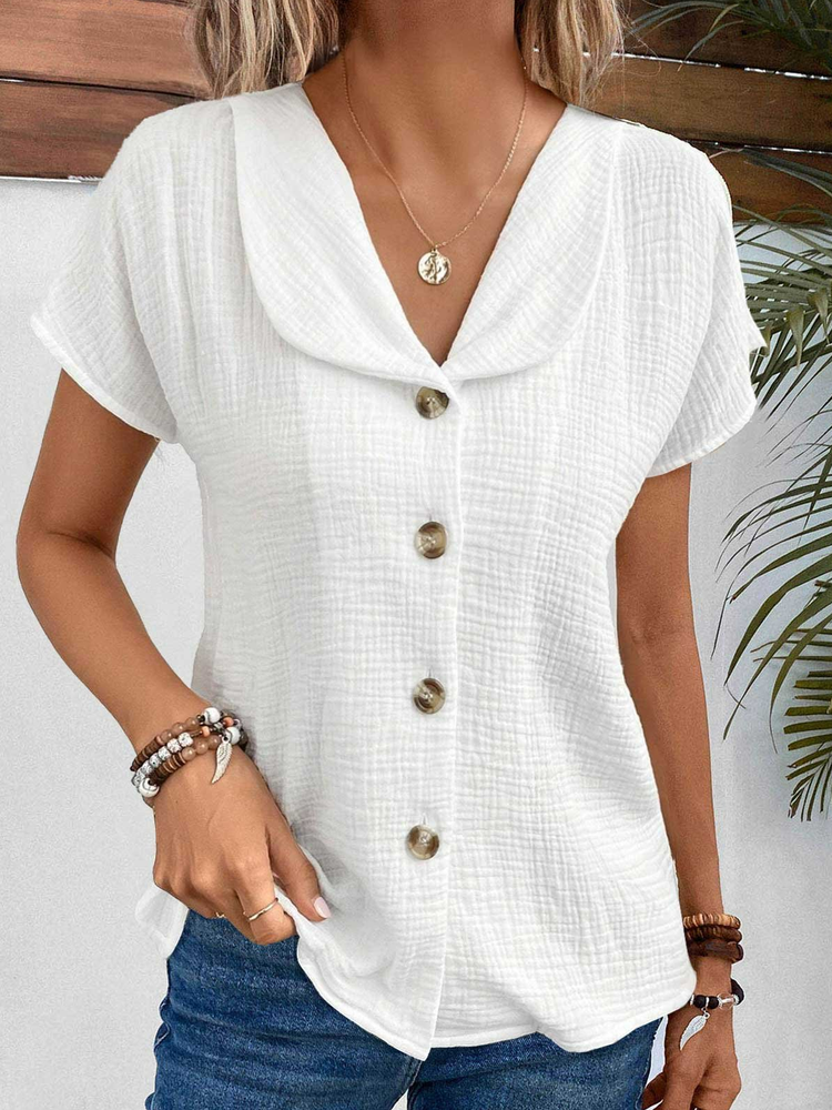 Loose Cotton Lapel Collar Casual Blouse  QZ113