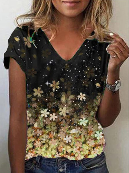 Casual V Neck Floral T-Shirt  QH93