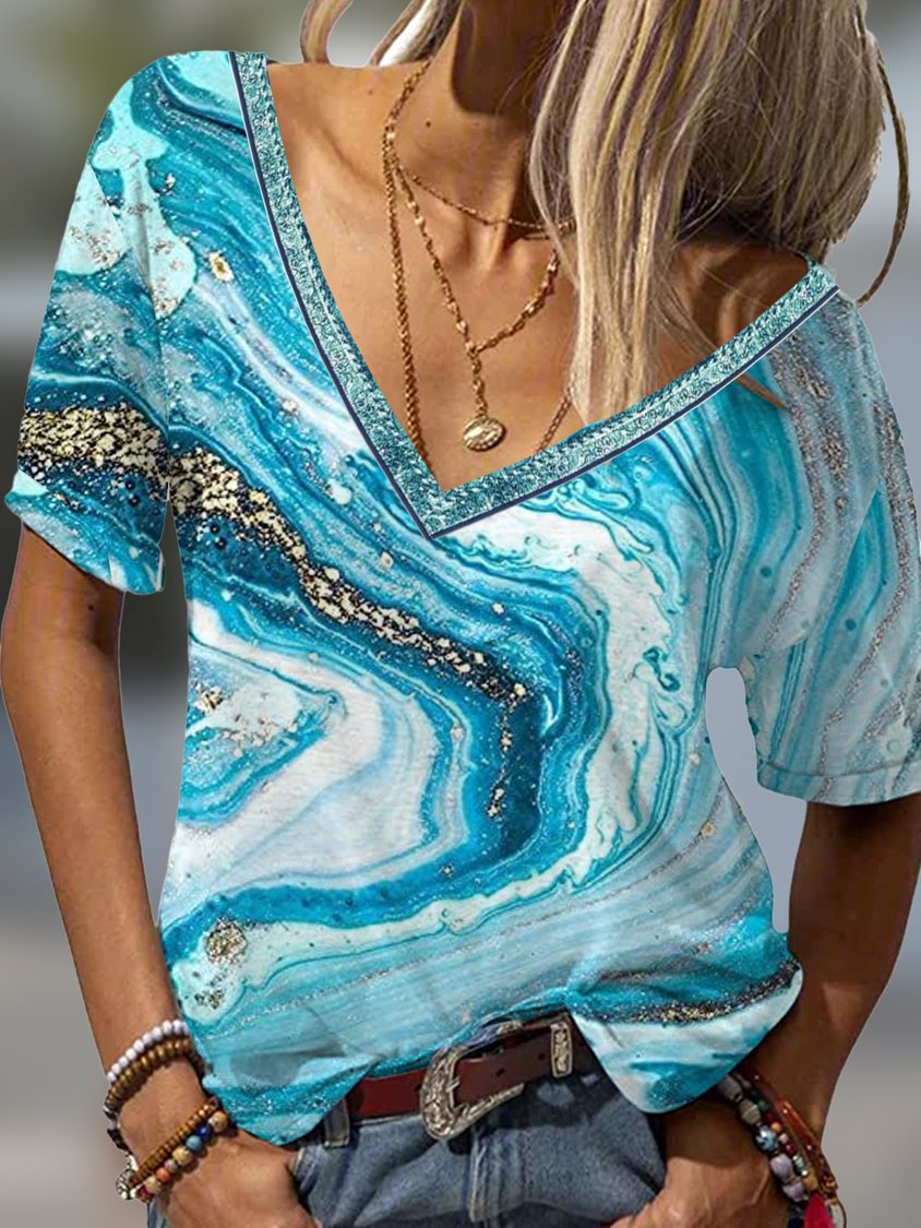 Loose Abstract Casual V Neck T-Shirt AA21